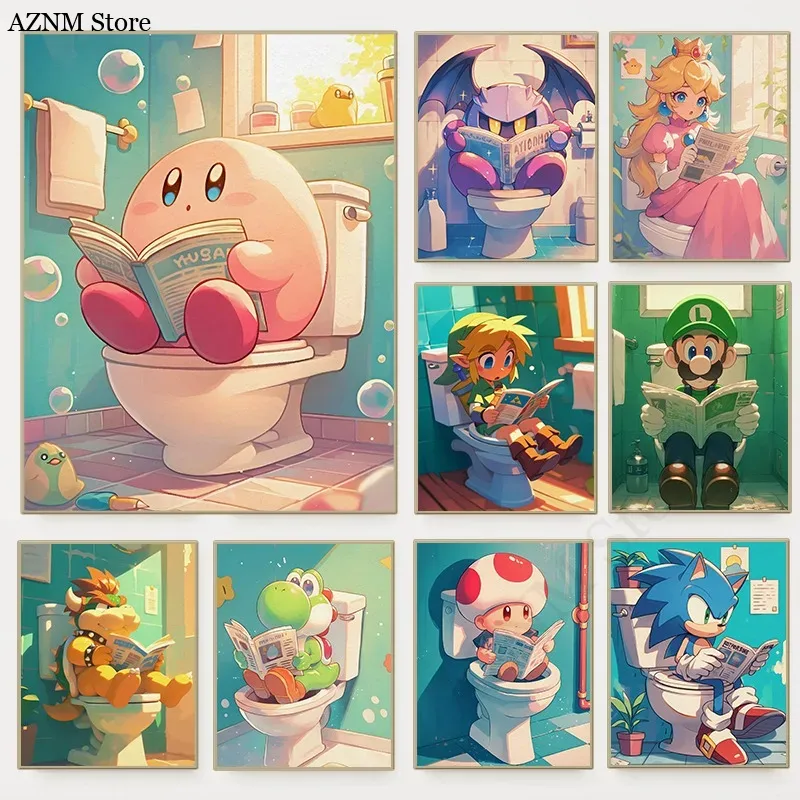 Home Bathroom Wall Art - Zabawny Plakat z Kreskówkowymi Postaciami z